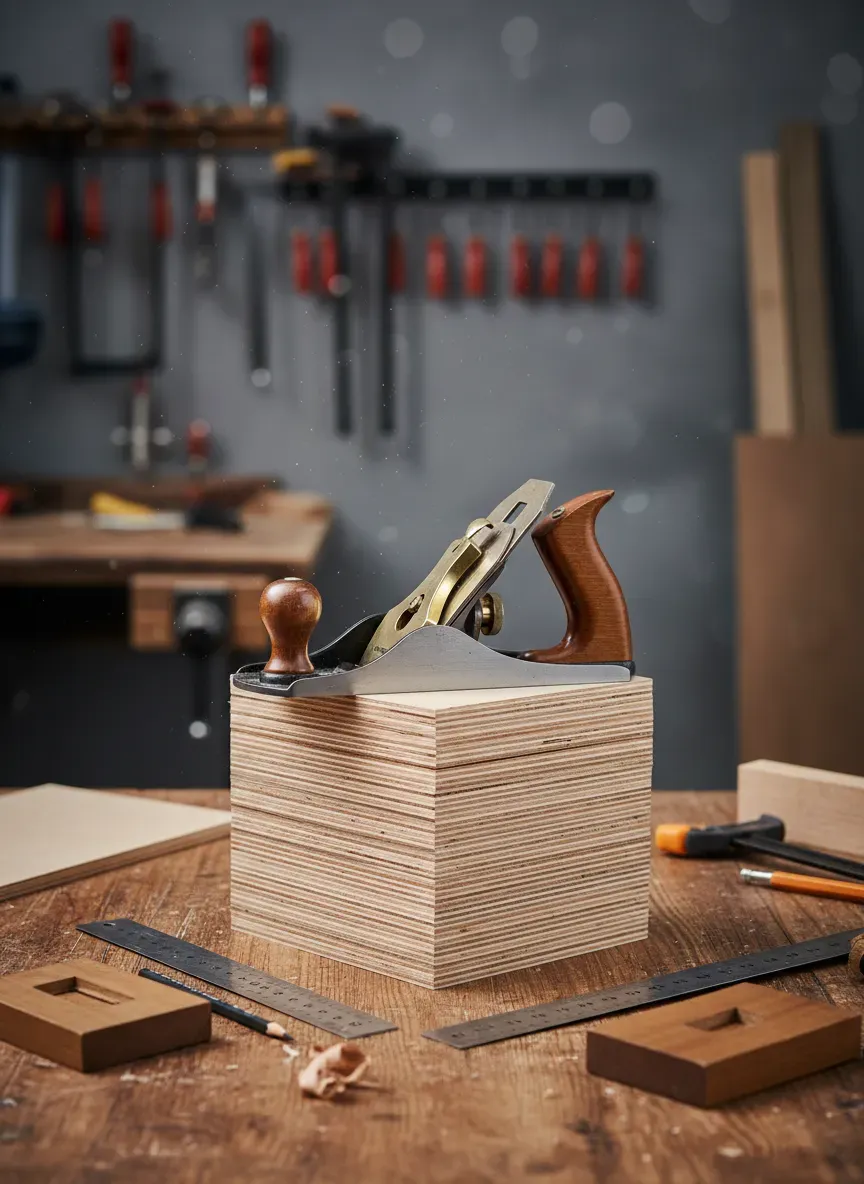 Measuring workbench height using stacked plywood and a hand plane