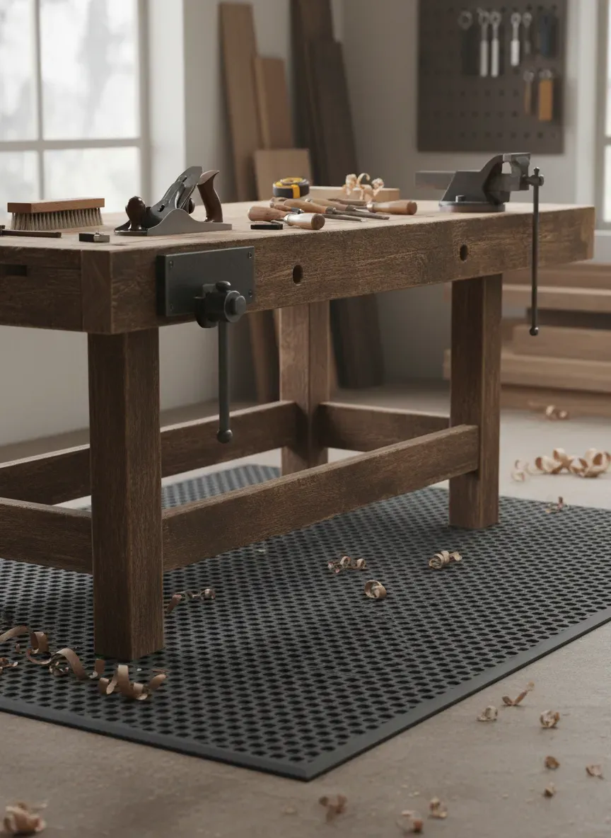 Ergonomic anti-fatigue mat placed under a heavy duty woodworking bench