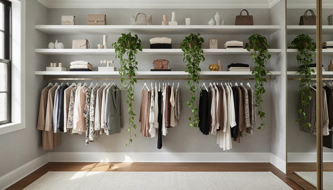 A styled walk-in closet with floating shelves interspersed with plants and decor