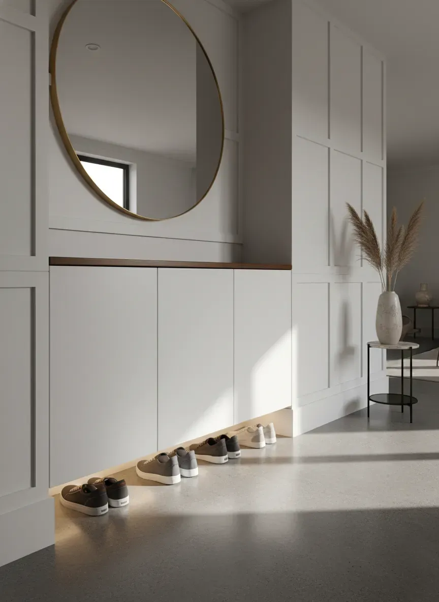 Sleek modern foyer shoe cabinet blending seamlessly into hallway wainscoting
