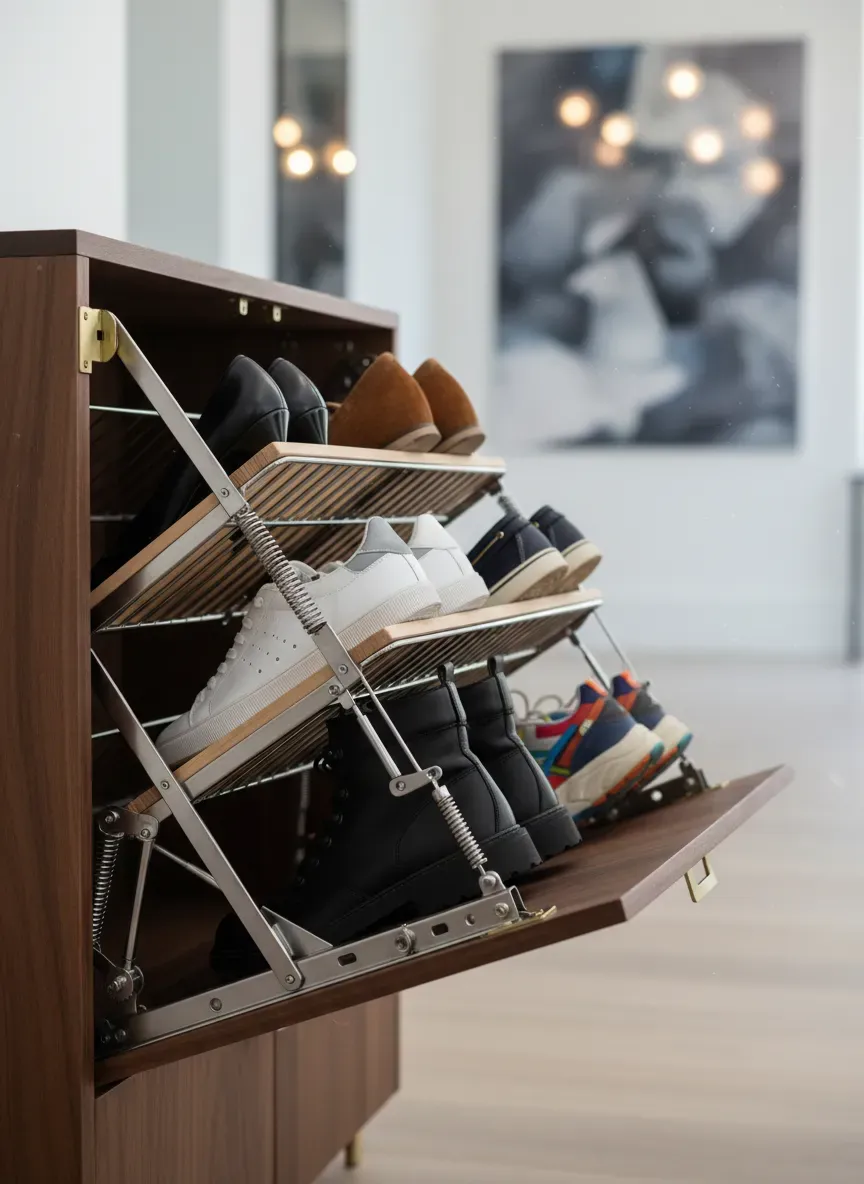 Detailed view of a tilt-out shoe cabinet mechanism holding various footwear