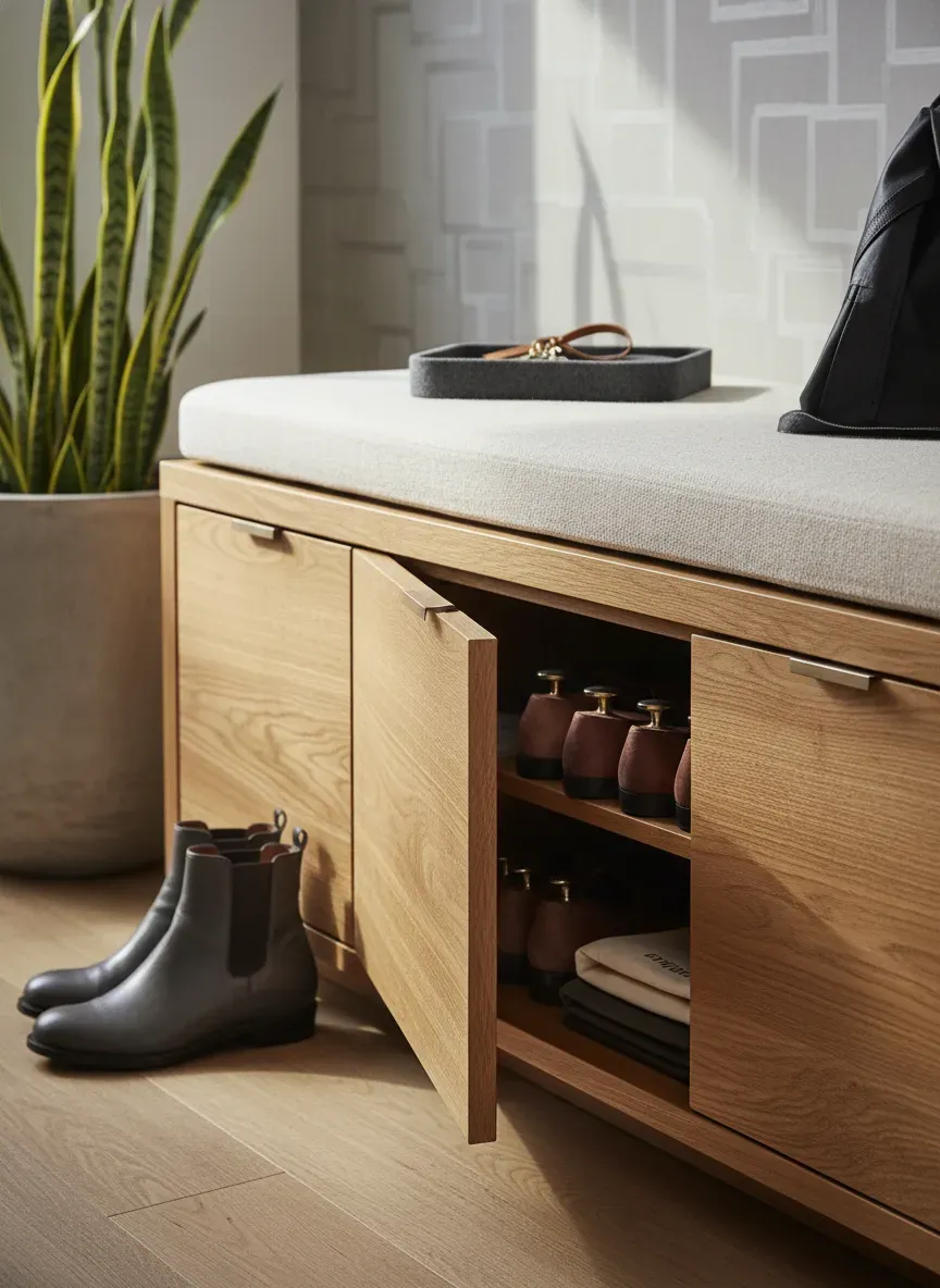 Custom built-in entryway bench with hidden shoe storage compartments below