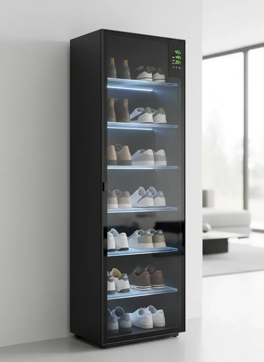 A high-tech, climate-controlled shoe storage cabinet with digital humidity readouts