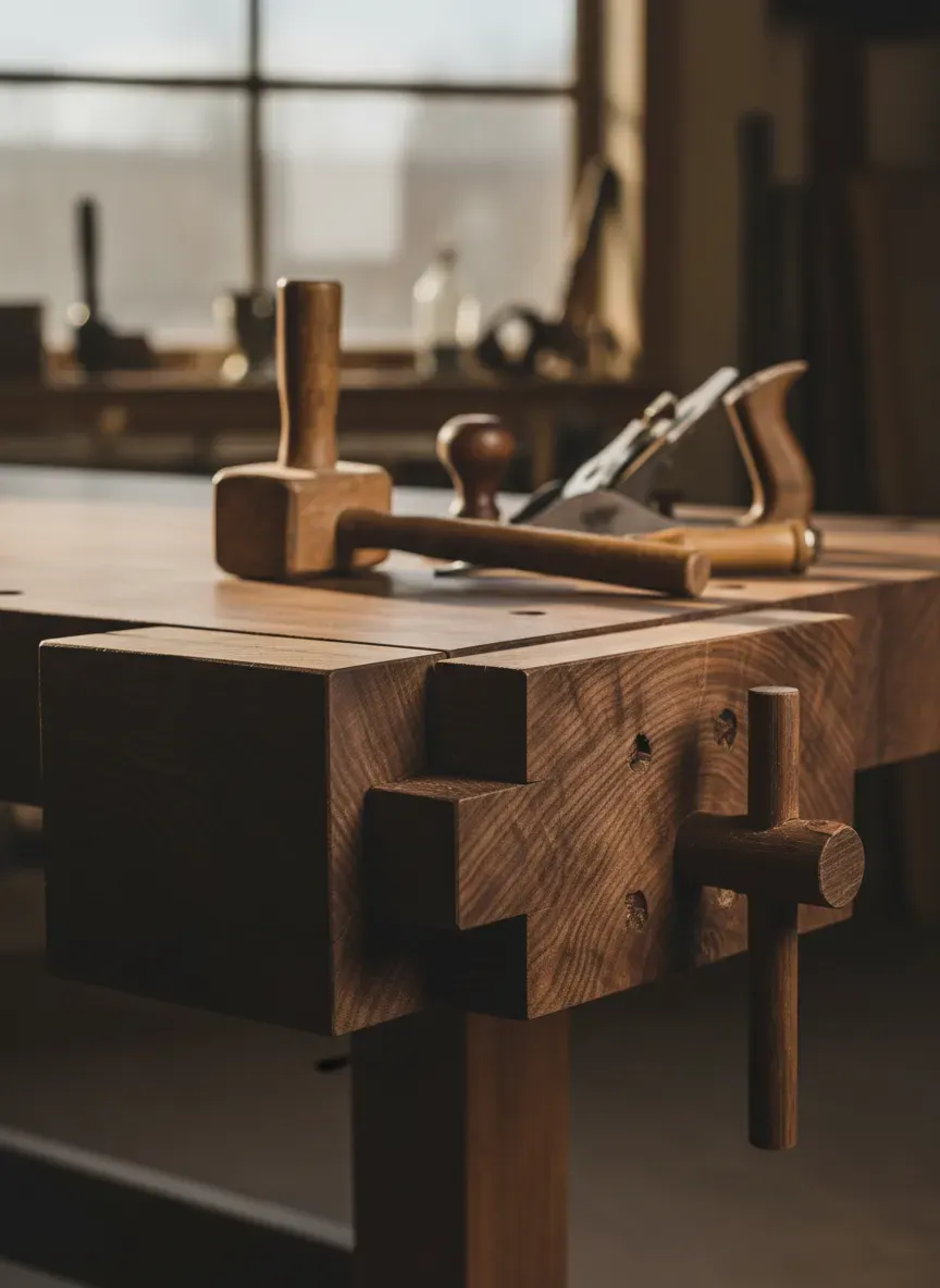 Detailed view of a thick hardwood benchtop showcasing massive mortise and tenon joinery