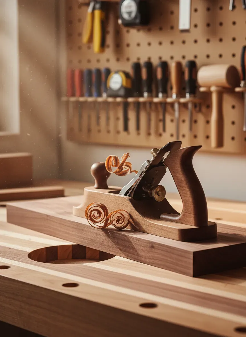 A woodworker standing at an ergonomically designed bench, hand planing a piece of walnut