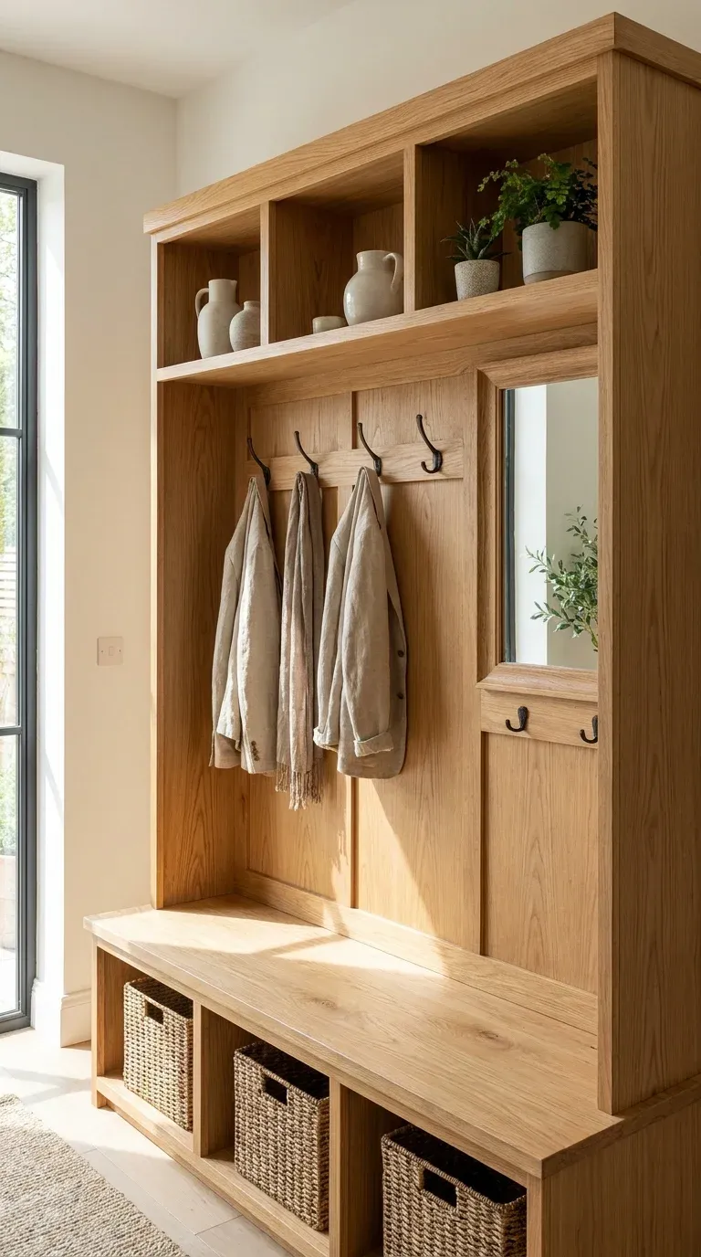 Original Photography: Real-world entryway setup with natural oak finish