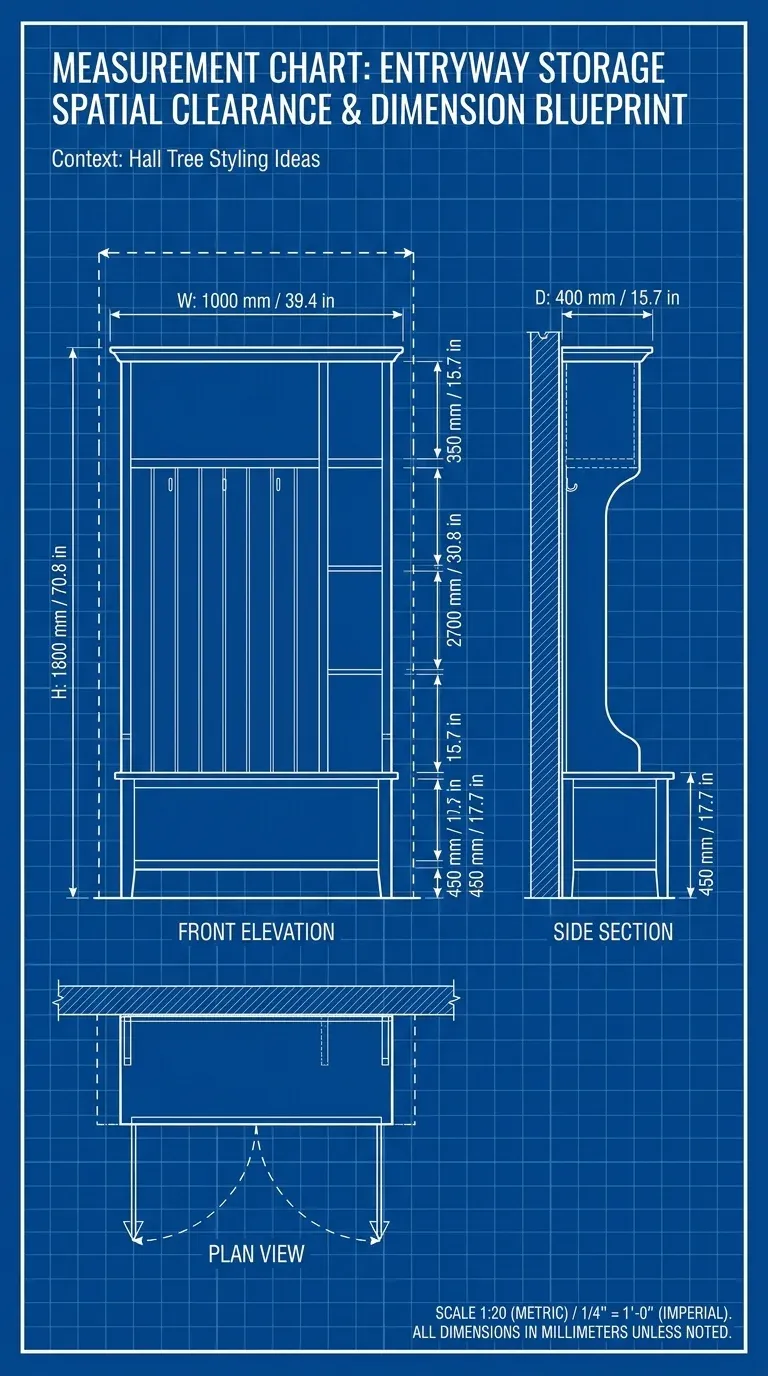 Measurement Chart: Spatial clearance and dimension blueprint for entryway storage