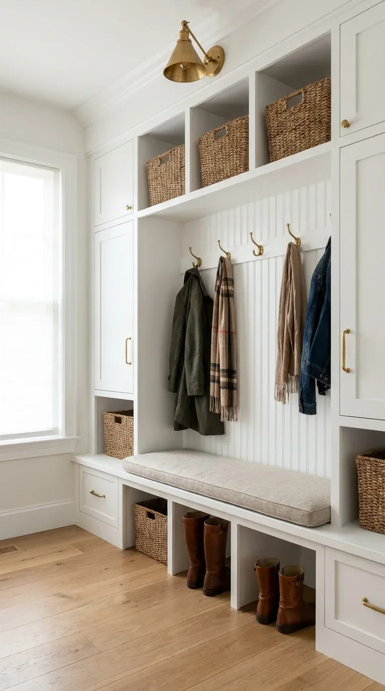 Original Photography: High-end mudroom setup with white beadboard and brass accents