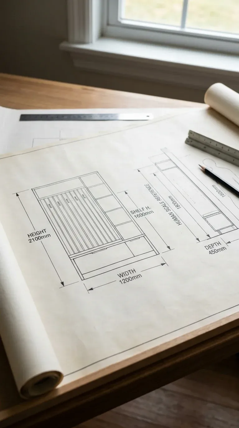 A detailed architectural blueprint of a modern entryway hall tree, displaying precise millimetric dimensions for height, width, and depth alongside human scale reference lines.