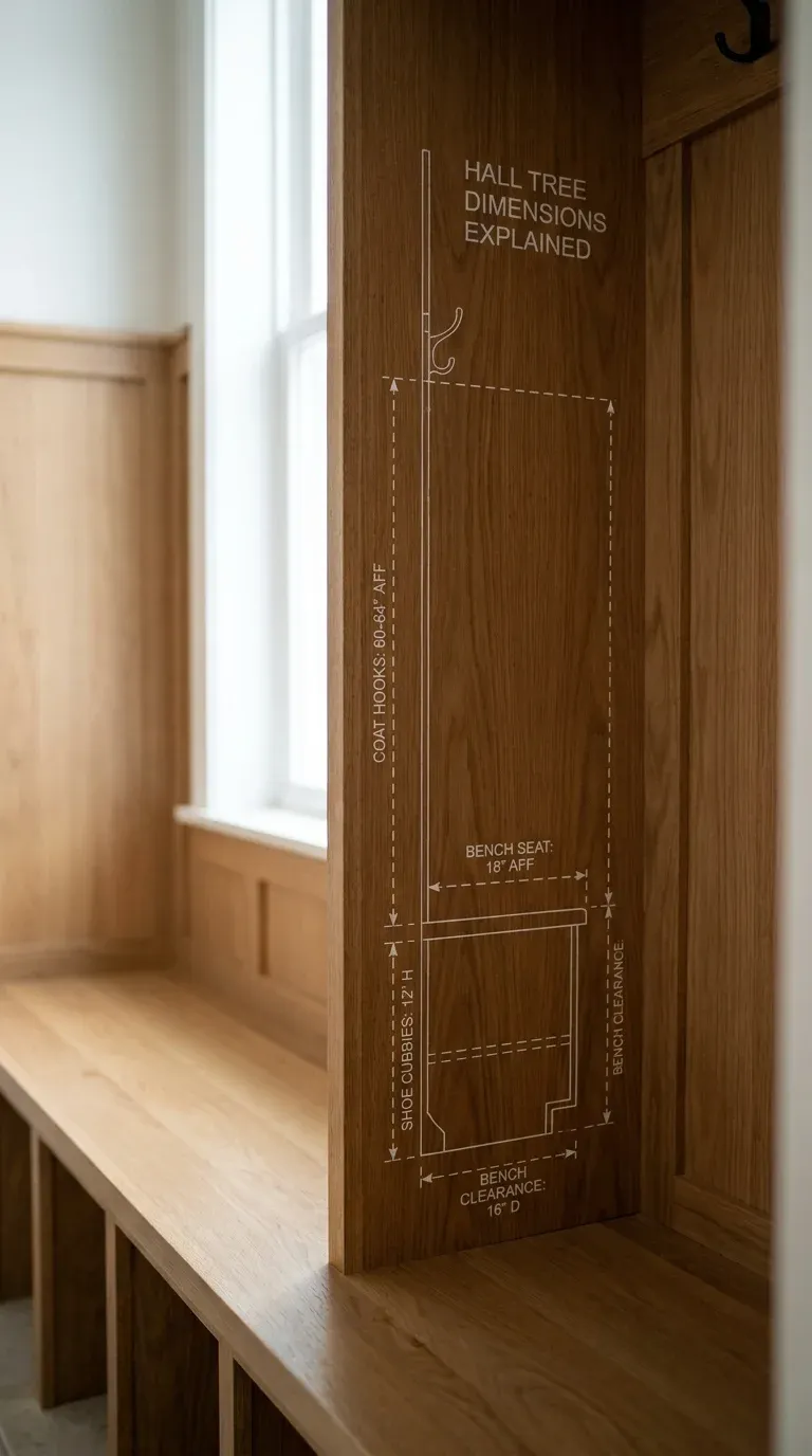 A close-up technical diagram showcasing the ideal spacing guidelines for coat hooks, shoe cubbies, and bench clearances on a premium entry hall tree.