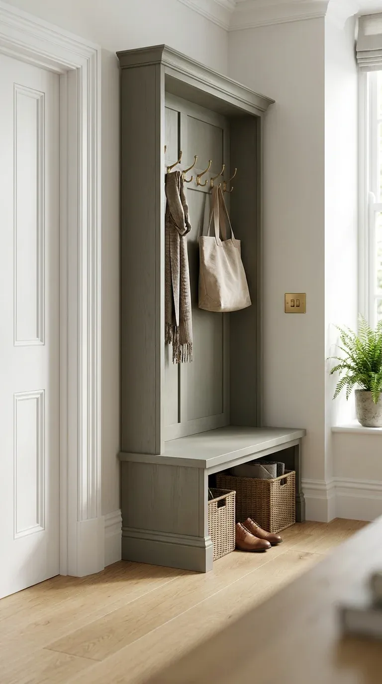 An elegant entryway featuring a perfectly proportioned hall tree that fits cleanly between a door frame and a light switch, leaving ample room for baseboards and door swings.