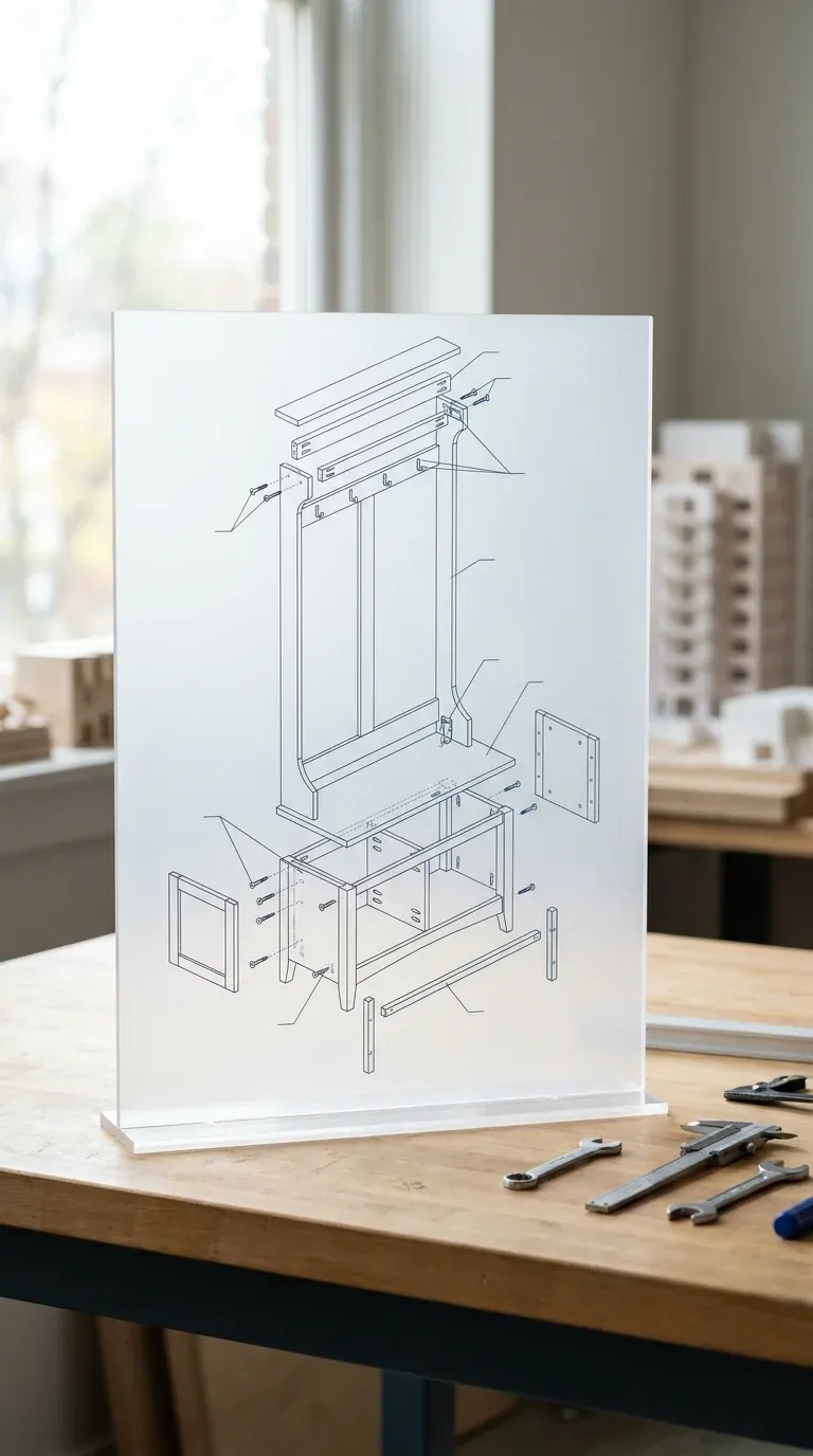 An exploded-view technical diagram detailing the internal joinery, pocket holes, and metal frame reinforcement points of a premium-grade hall tree.