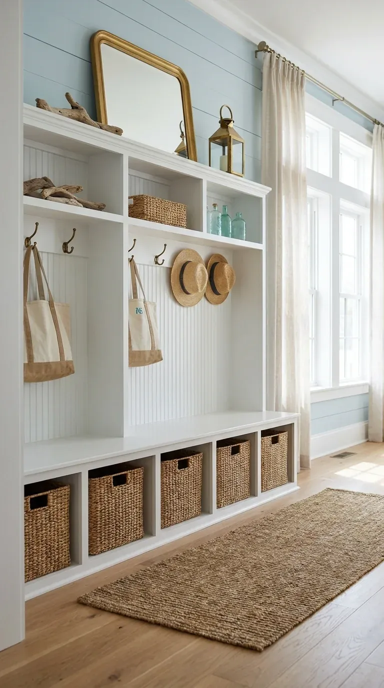 A styled lifestyle photo of a classic white beadboard hall tree in a bright, coastal-themed entryway, styled with woven storage baskets and brass accents.