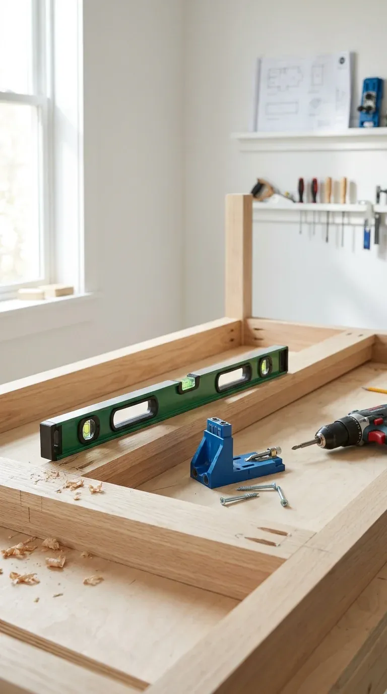A step-by-step DIY assembly process showing a homeowner using a spirit level and pocket screws to assemble a wooden hall tree base.