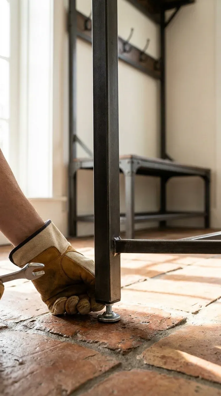 A hand adjusting the threaded leveling foot on the base of a metal-framed hall tree on an uneven tile floor.