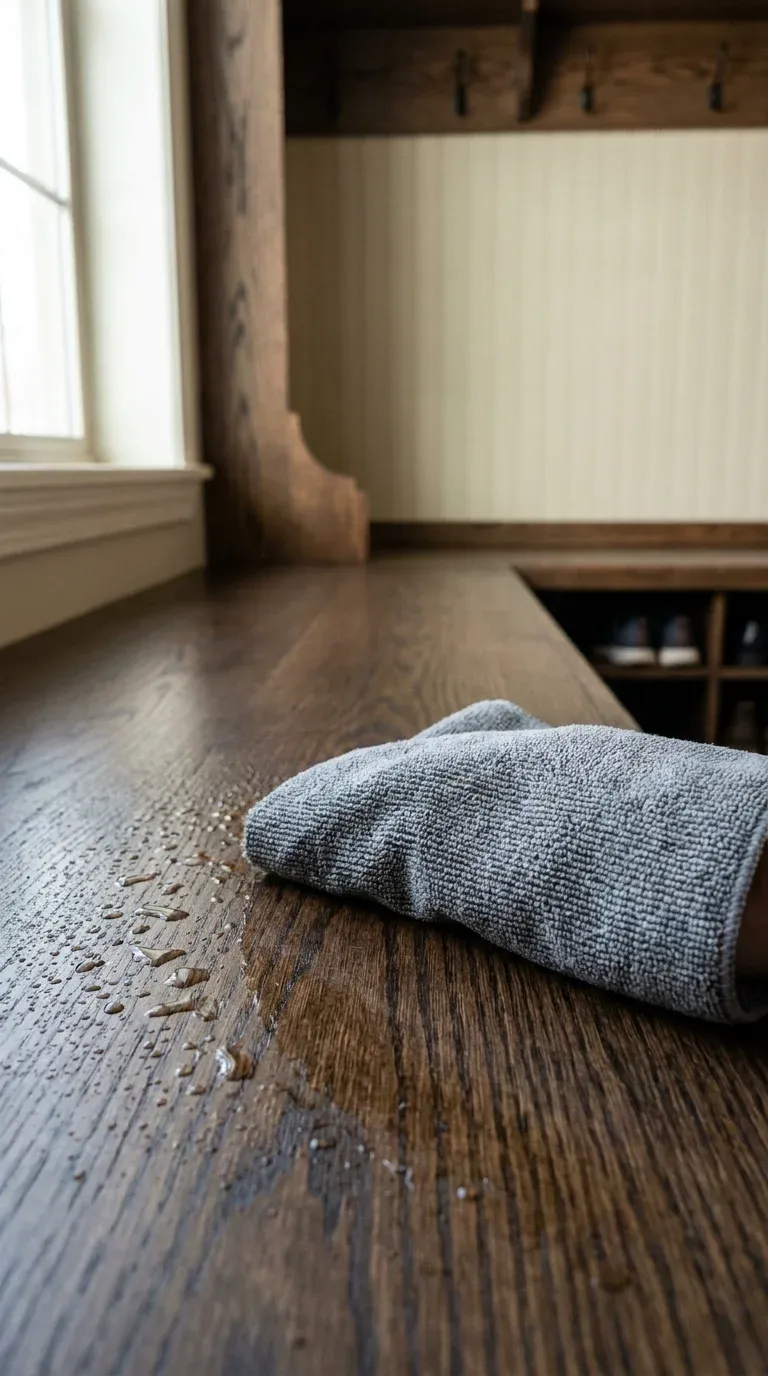 A close-up of a damp cloth wiping water droplets off the stained wood surface of a mudroom bench to protect the finish.