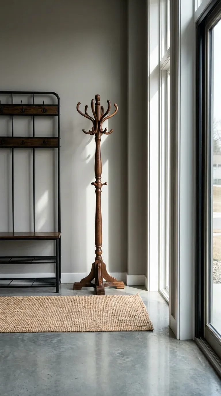 A sleek, industrial-style hall tree standing next to a classic, dark walnut wooden coat rack in a modern foyer.