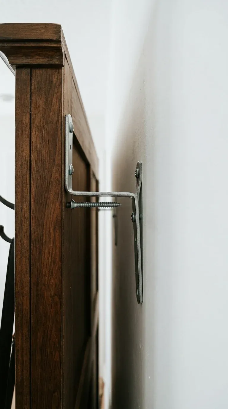 A close-up structural view showing a wall anchor system securing a tall hall tree to drywall, highlighting safety hardware.