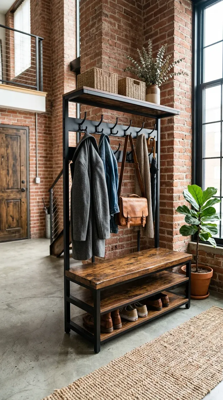 An industrial-style hall tree with a rustic brown finish wooden bench and a matte black steel frame in a loft entryway.