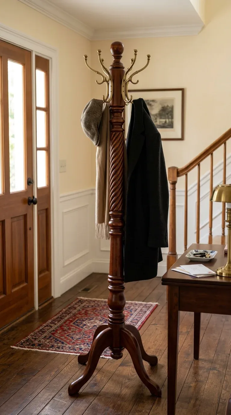 A classic, dark cherry wood freestanding coat rack with turned detailing standing in a compact, traditional foyer.