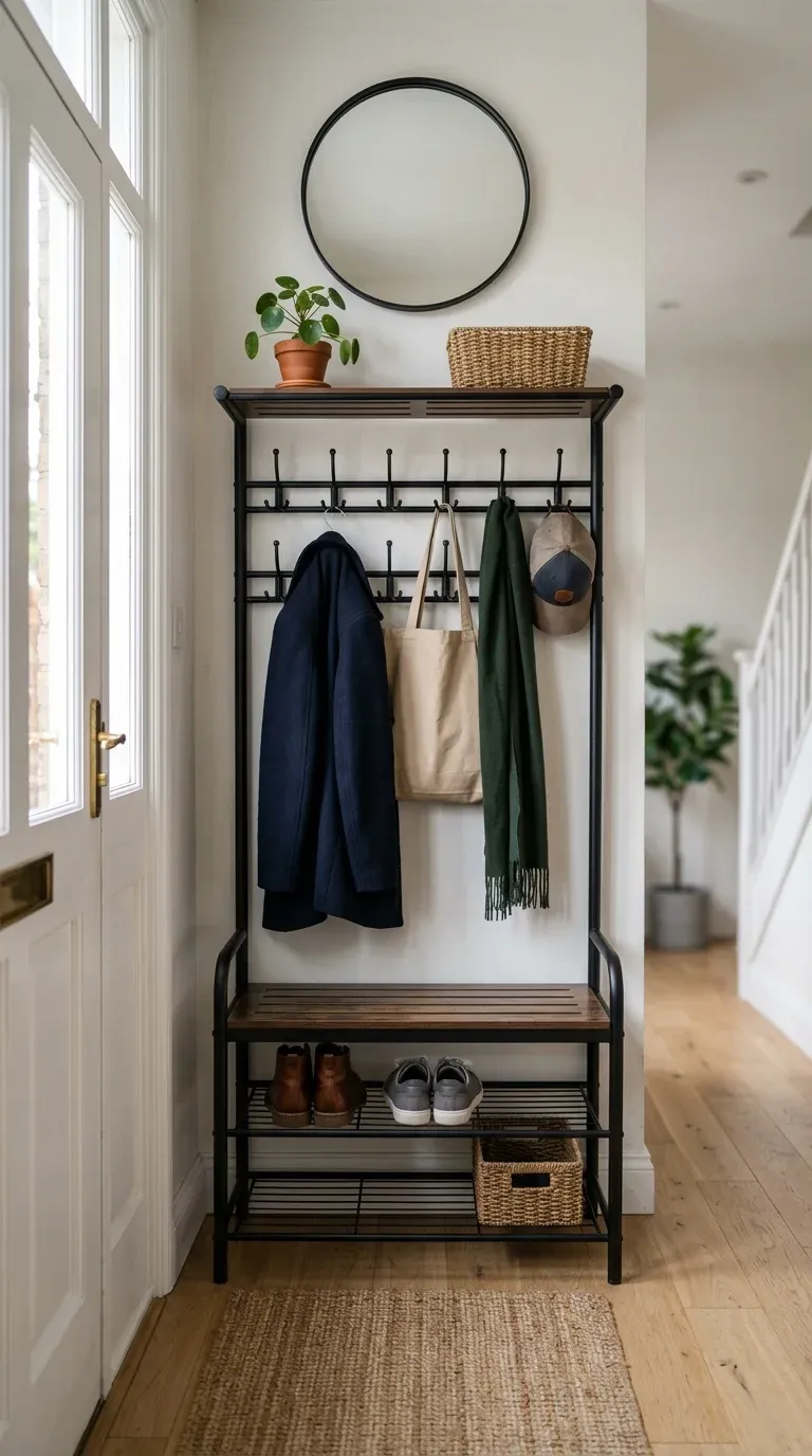 A black metal hybrid hall tree featuring a bench and coat rack combo, designed for compact entryways.