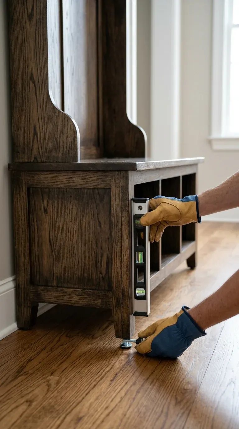 An installer using a spirit level on a hall tree bench, adjusting the leveling feet on a hardwood floor.