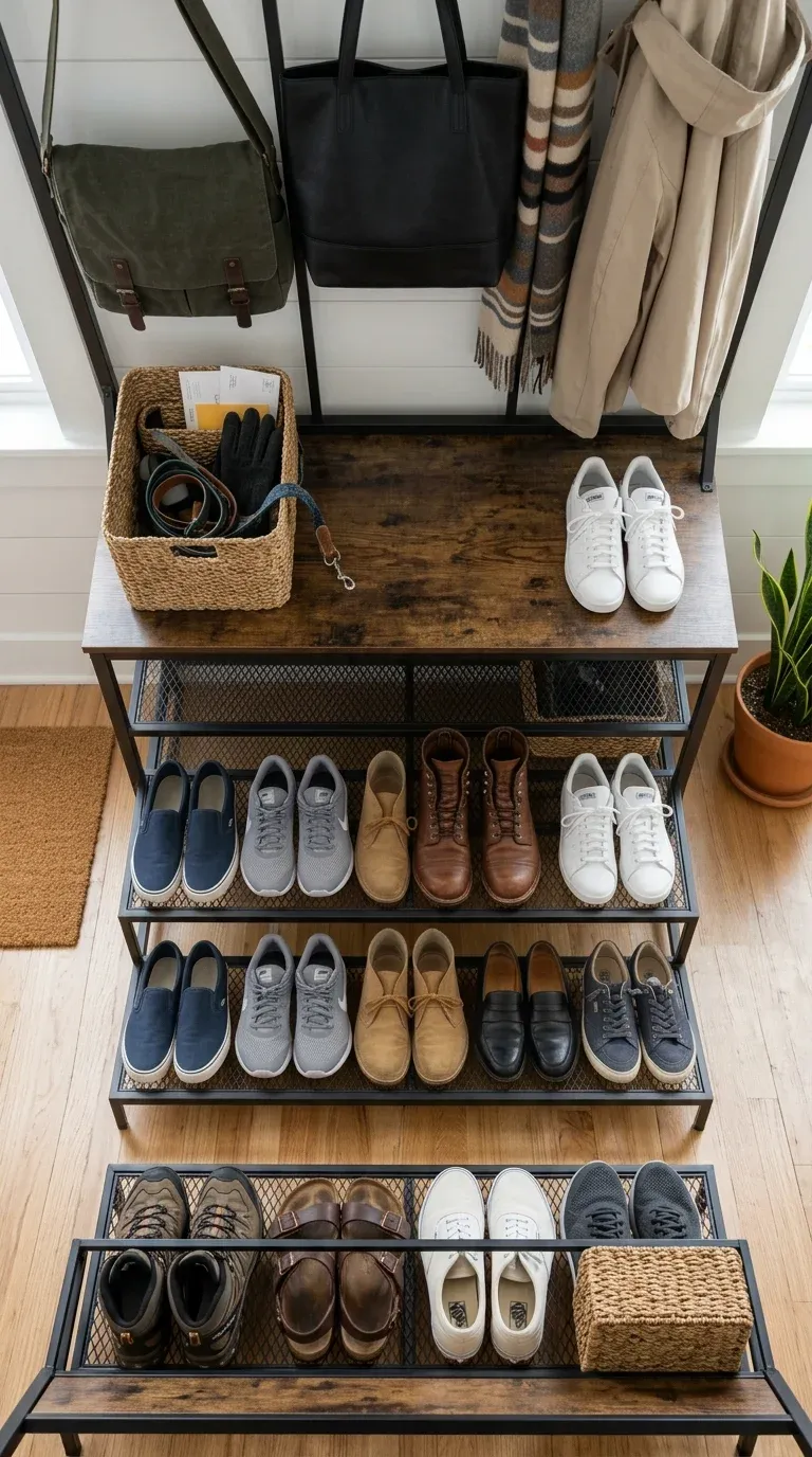 An overhead shot of organized shoes and bags arranged neatly on an industrial hall tree bench and lower wire shelves.