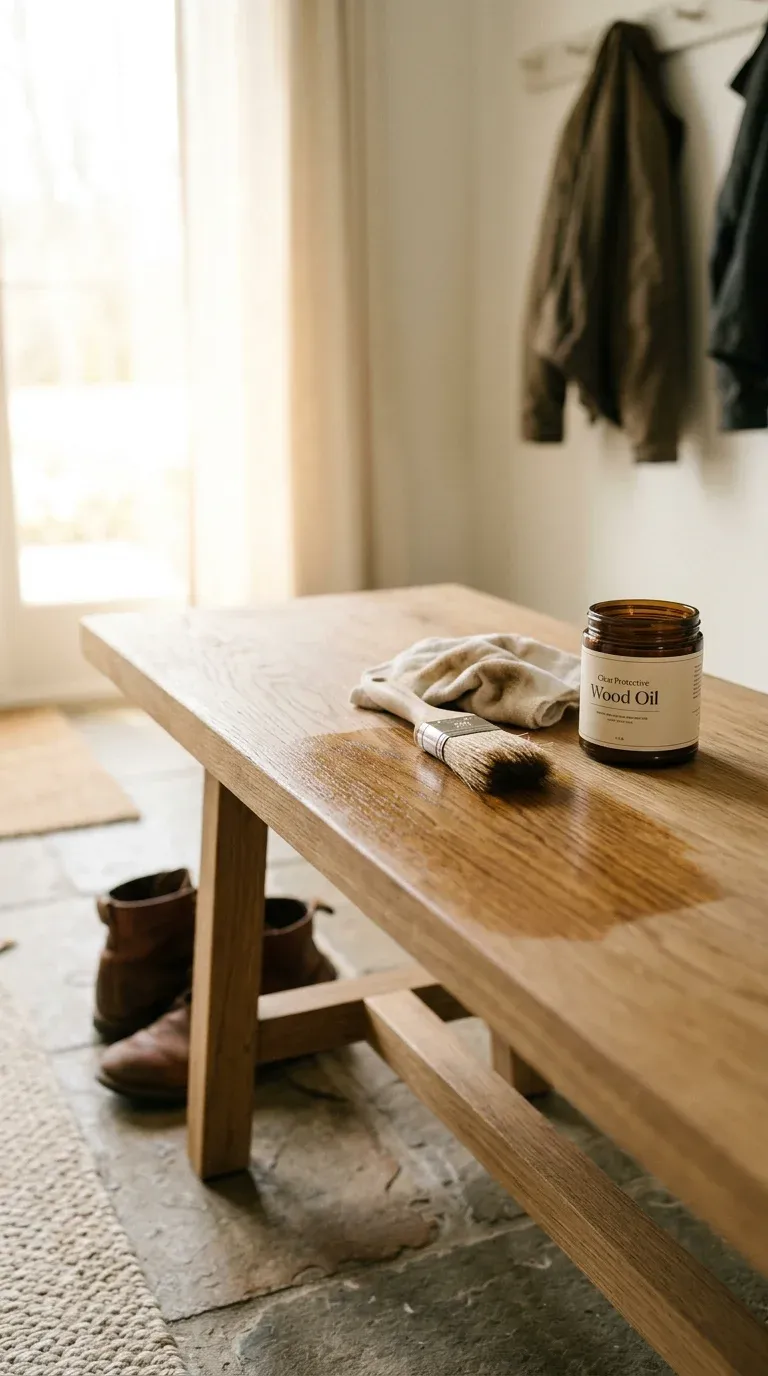 A person applying protective wood oil to the surface of a solid wood entryway bench