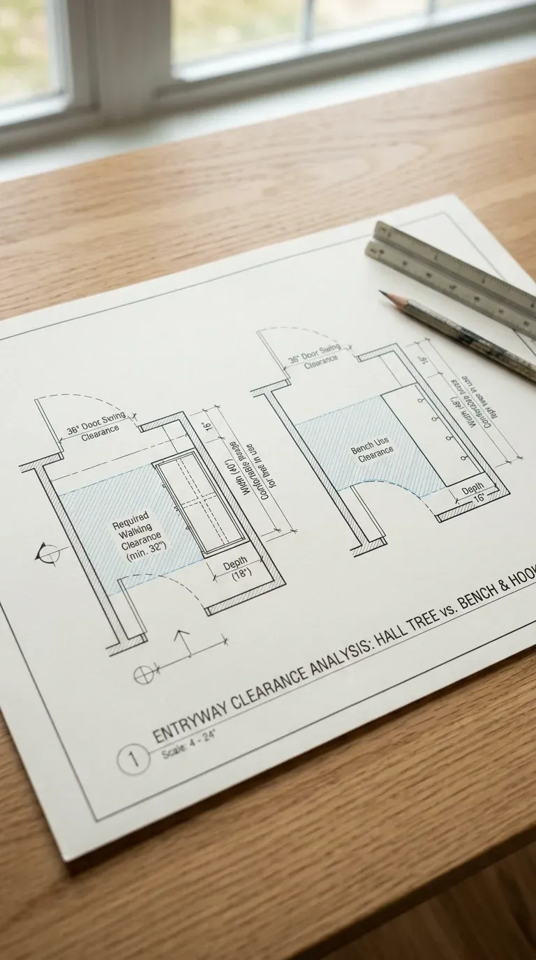 Floor plan diagram detailing clearance zones door swings and depth requirements for entryways