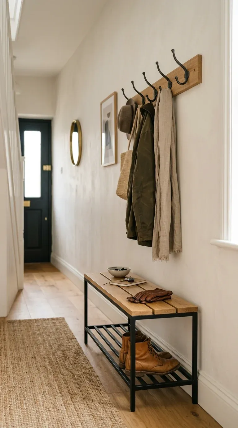 A narrow foyer showcasing a slimline metal entryway bench placed under a series of coat hooks