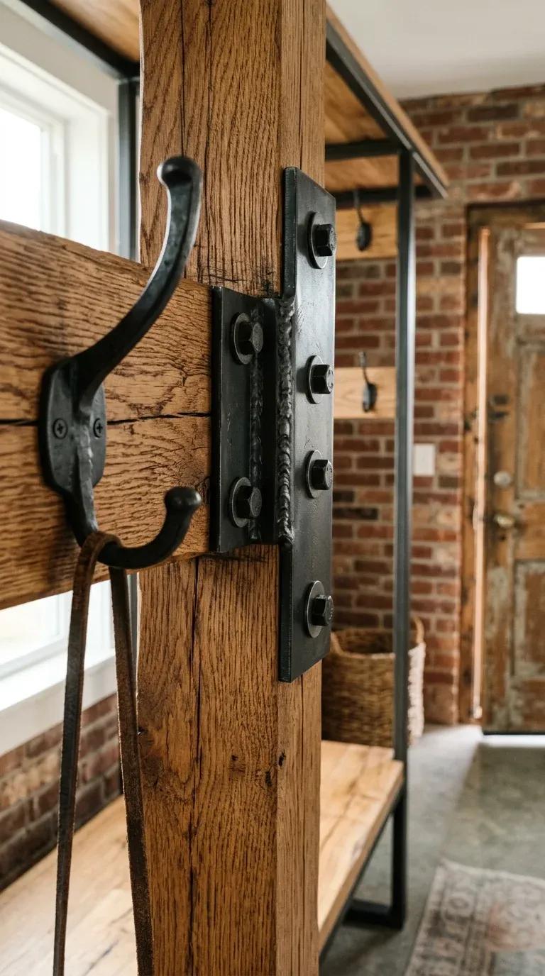 Close-up of industrial metal joints and solid wood grain on heavy-duty entryway furniture