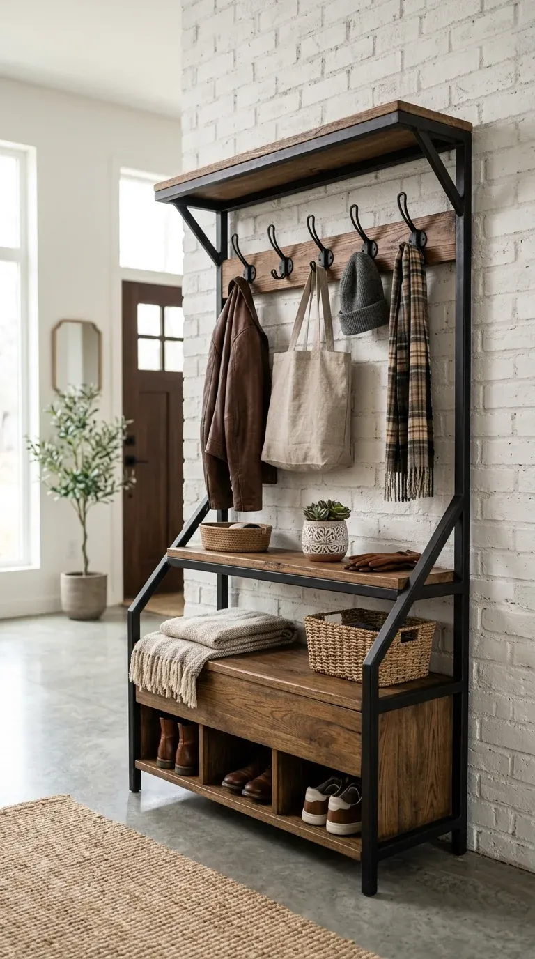 An industrial-style hall tree with black iron frame rustic wooden shelves and double coat hooks