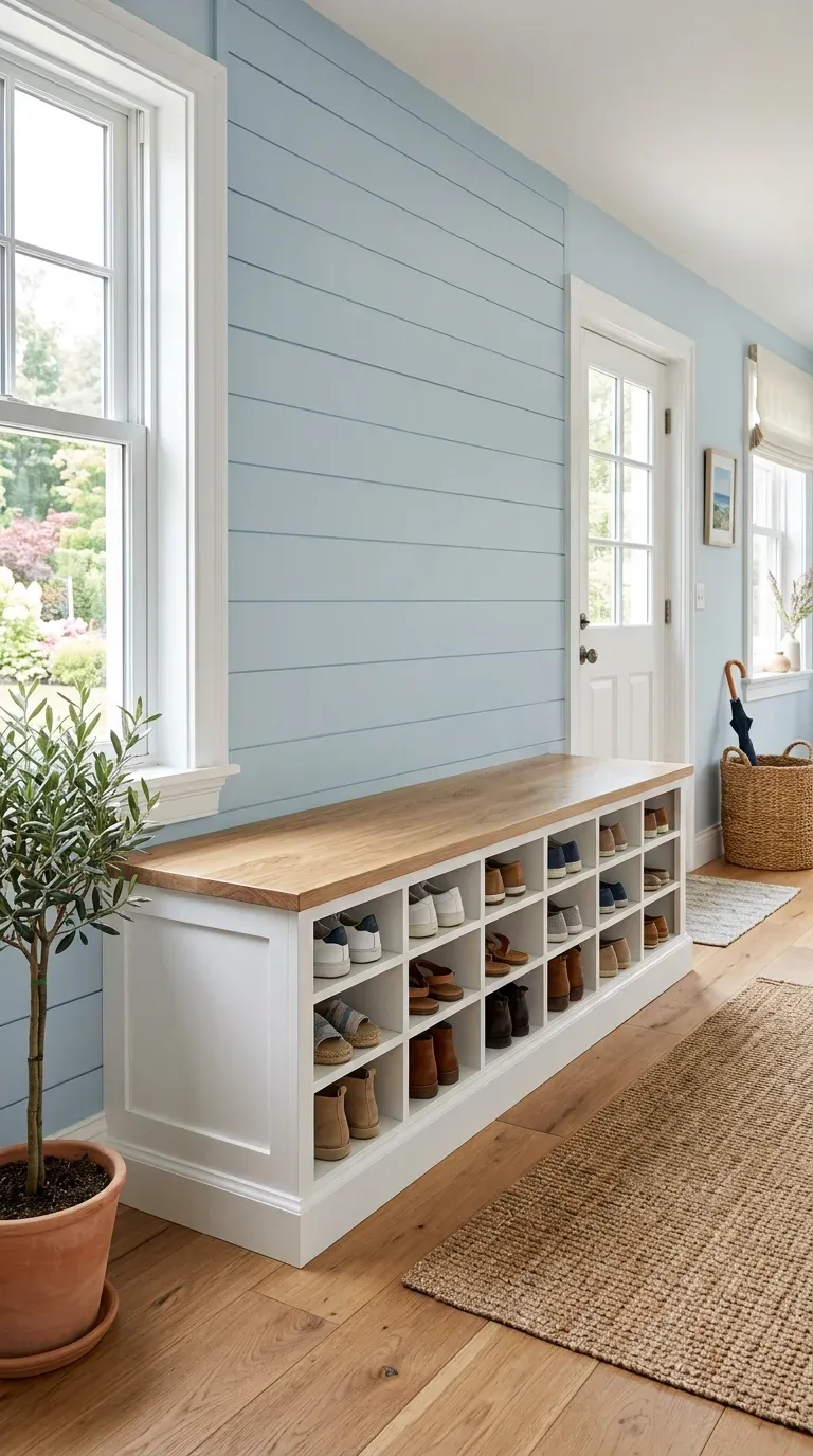 White wooden entryway bench with twenty individual shoe cubbies in a bright coastal style mudroom