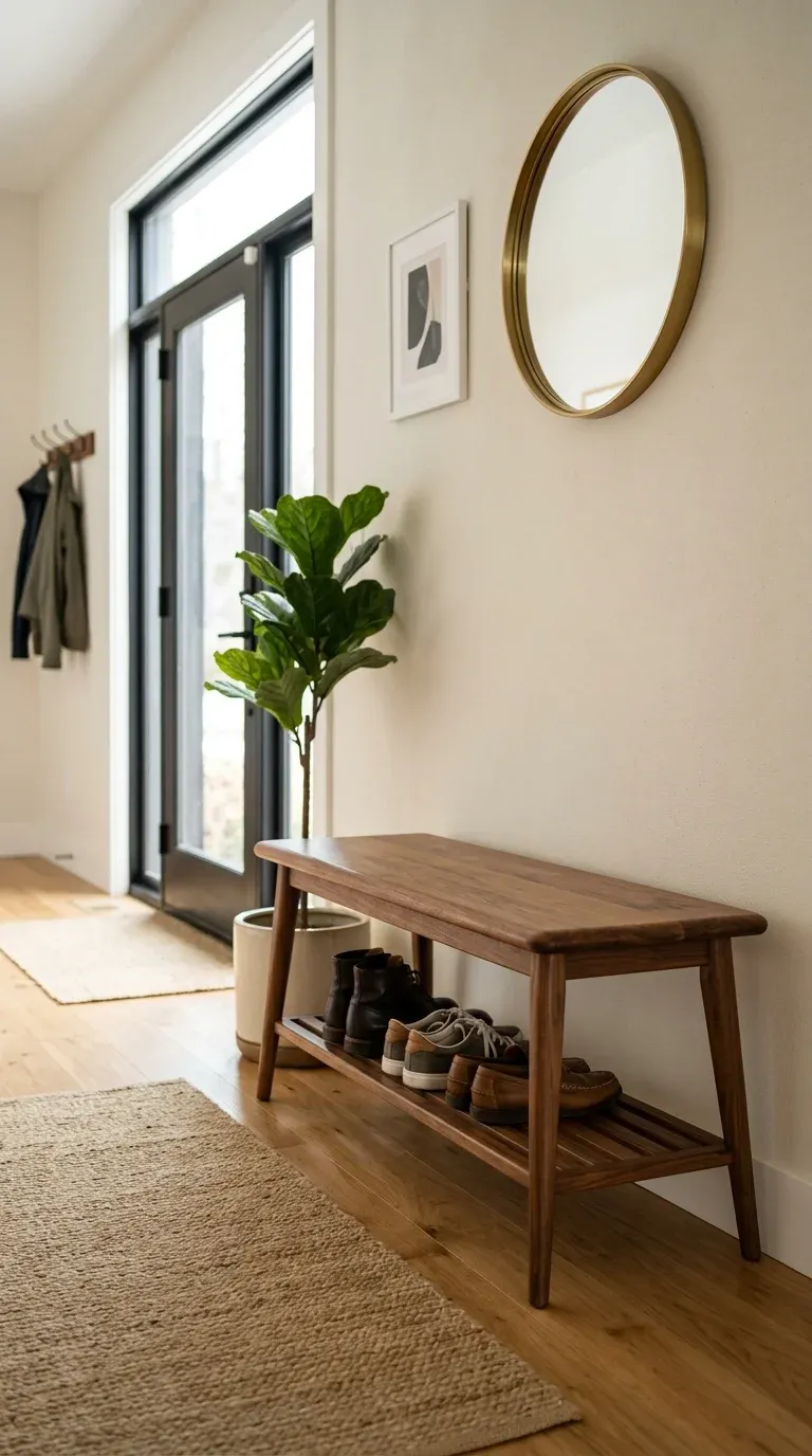 A mid-century modern solid wood bench with tapered legs and a lower slatted shoe shelf