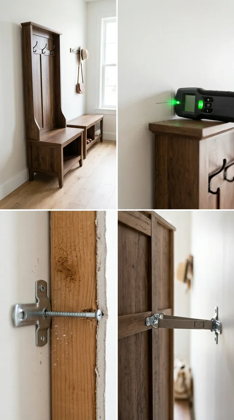 Step-by-step graphic showing the installation of an anti-tip wall anchor into a wall stud