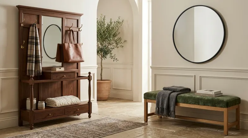 Professional editorial photograph comparing a tall wooden hall tree and a low-profile entryway bench side by side in a bright foyer