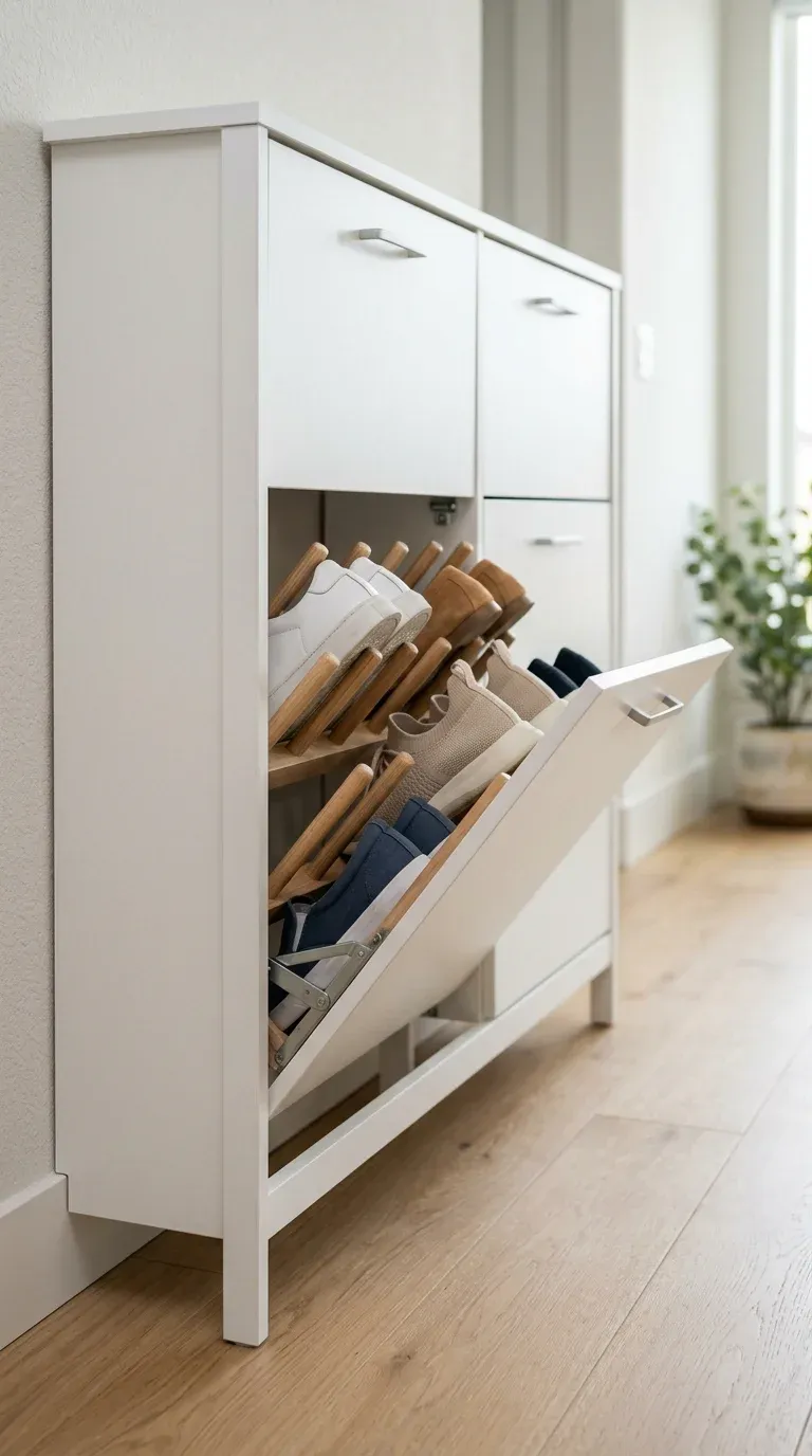Detailed view of a modern white shoe cabinet showing tipping bucket drawers with wooden shoe pegs
