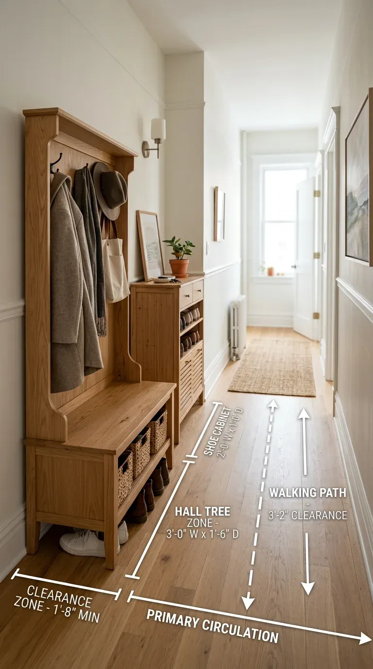 A narrow hallway layout showing spatial clearance zones and walking paths next to entryway furniture