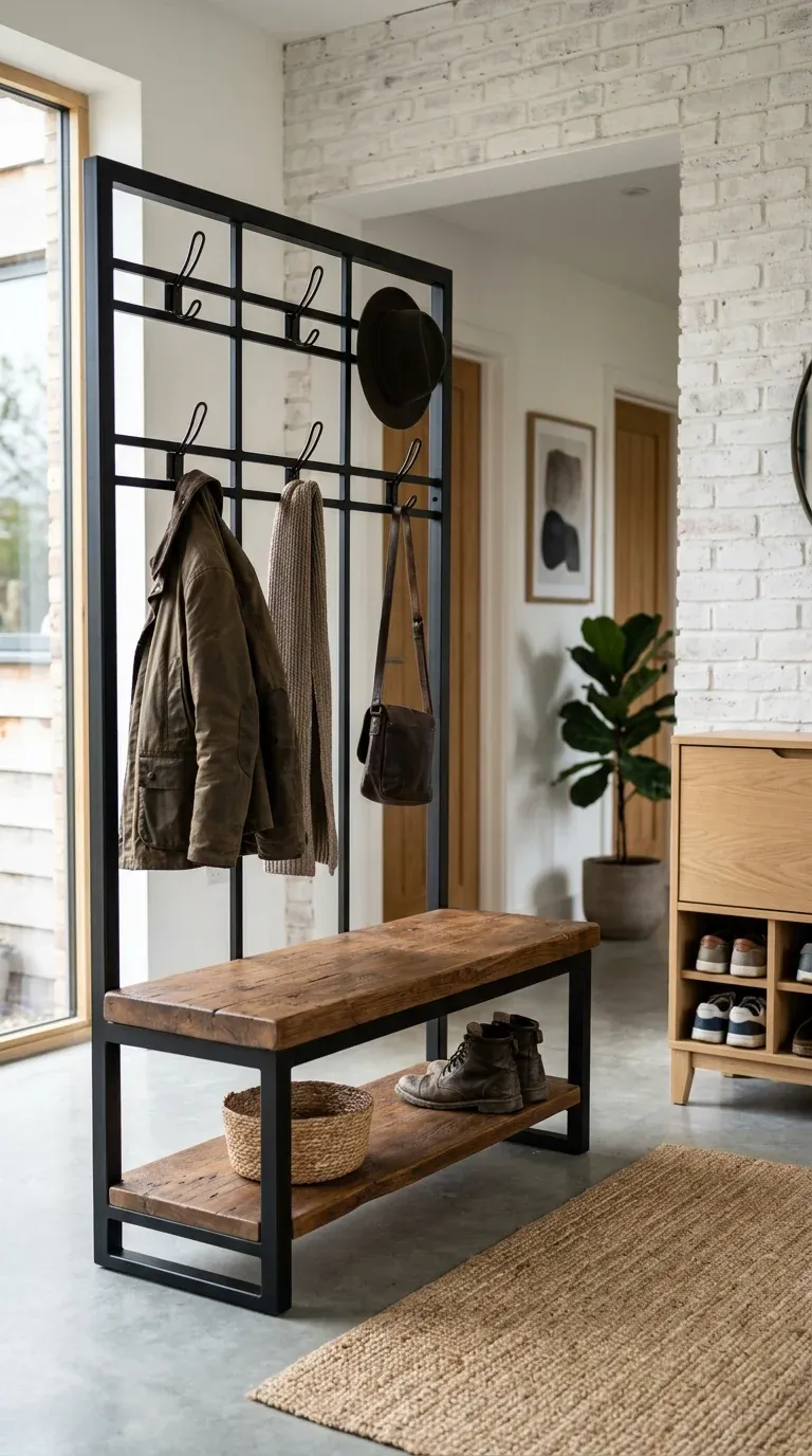 Industrial style hall tree with black metal frame, rustic brown wooden bench, and open coat hooks