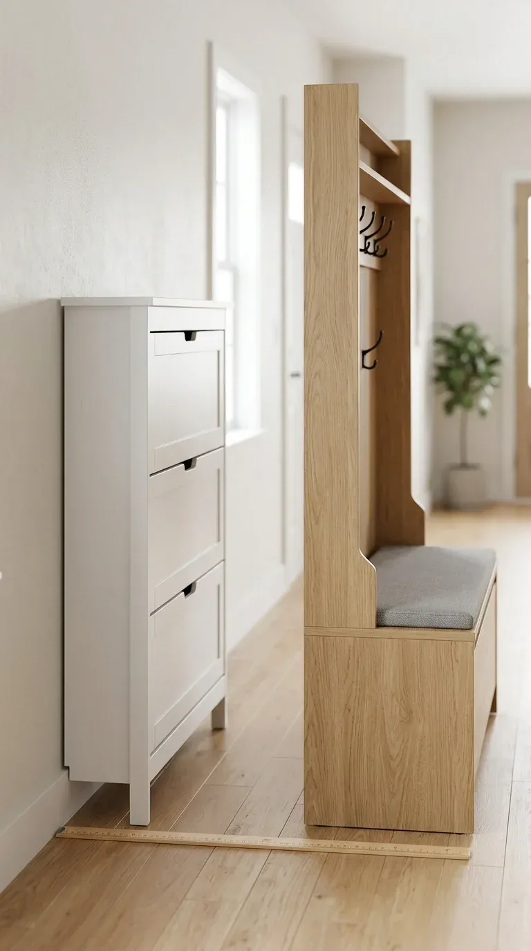 Diagram highlighting the depth difference between a slim 6-inch shoe cabinet and a 16-inch hall tree bench