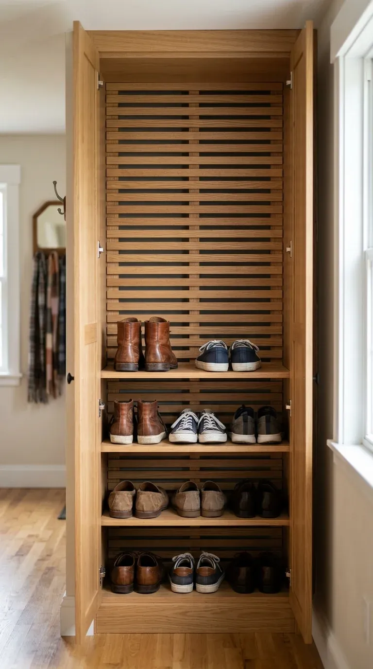 Interior of an enclosed shoe cabinet displaying slatted ventilation slots on the back panel to prevent odors