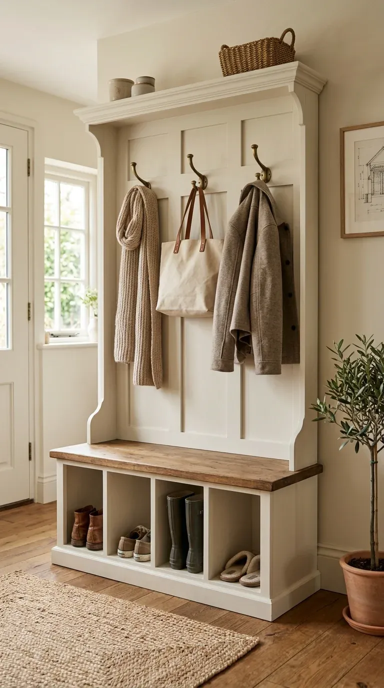 A farmhouse-style hall tree with board and batten paneling, brass hooks, and under-bench shoe cubbies