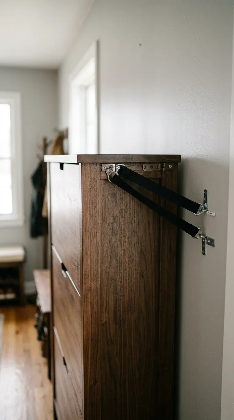 Detailed view of wall-anchoring anti-tip straps installed on a tall wooden shoe storage unit