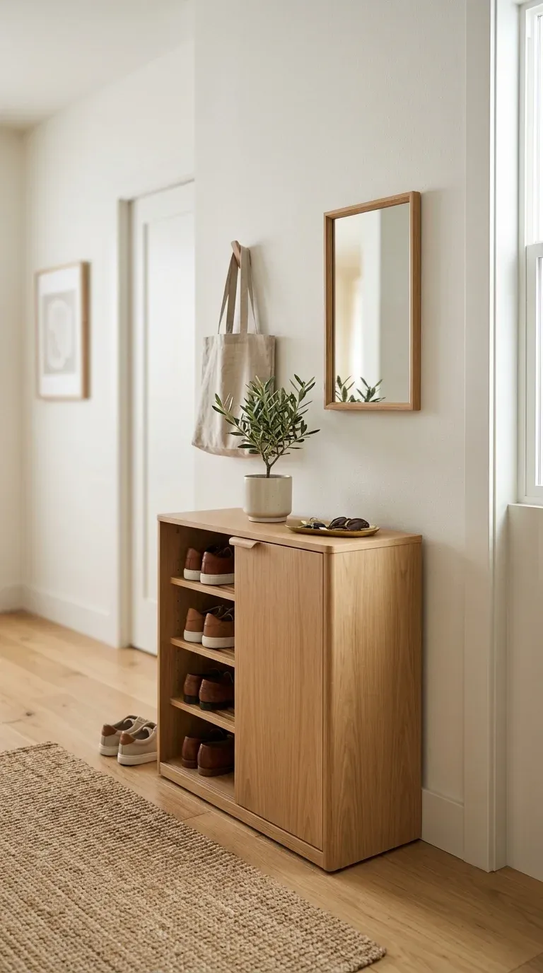 A small corner entry space featuring a modern minimalist wooden shoe cabinet alongside a small wall mirror