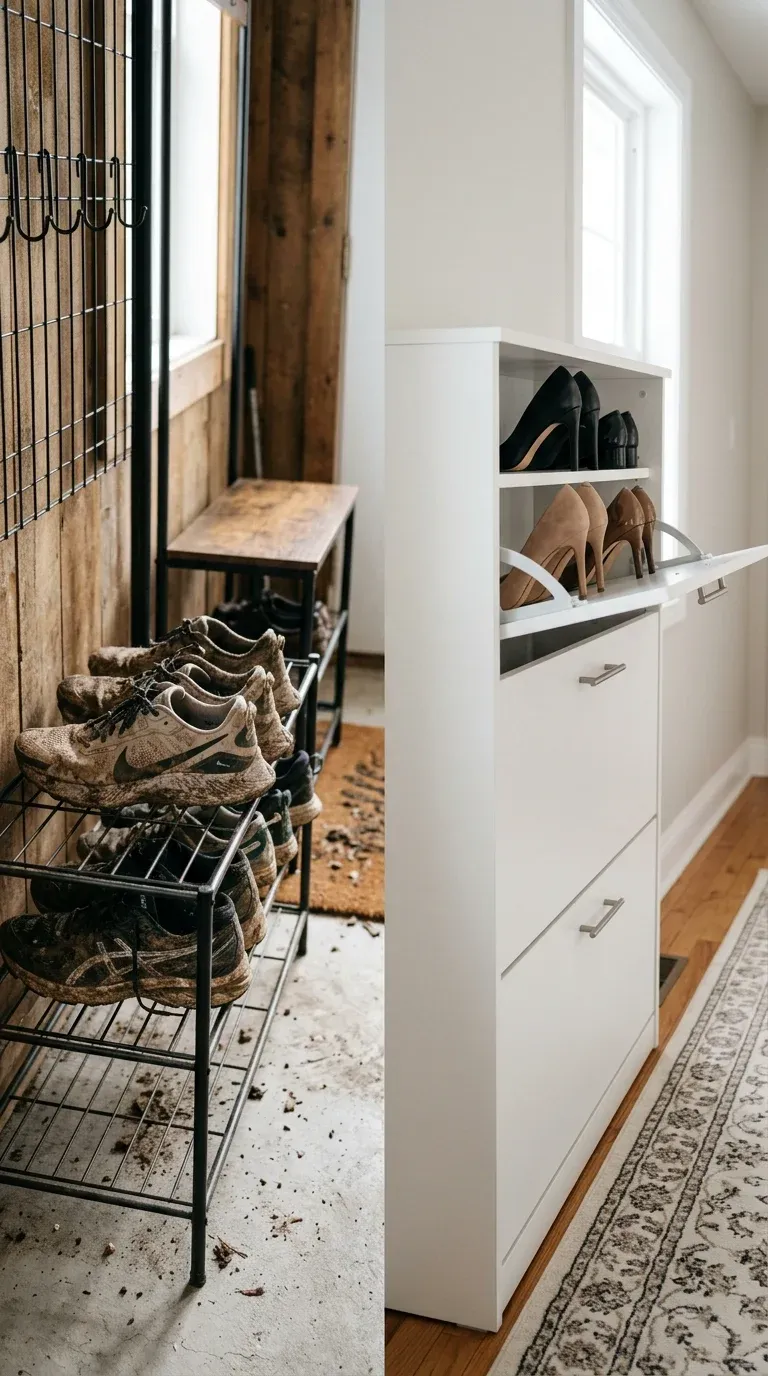 Comparison view of muddy running shoes on an open metal wire rack versus clean heels in a closed white cabinet