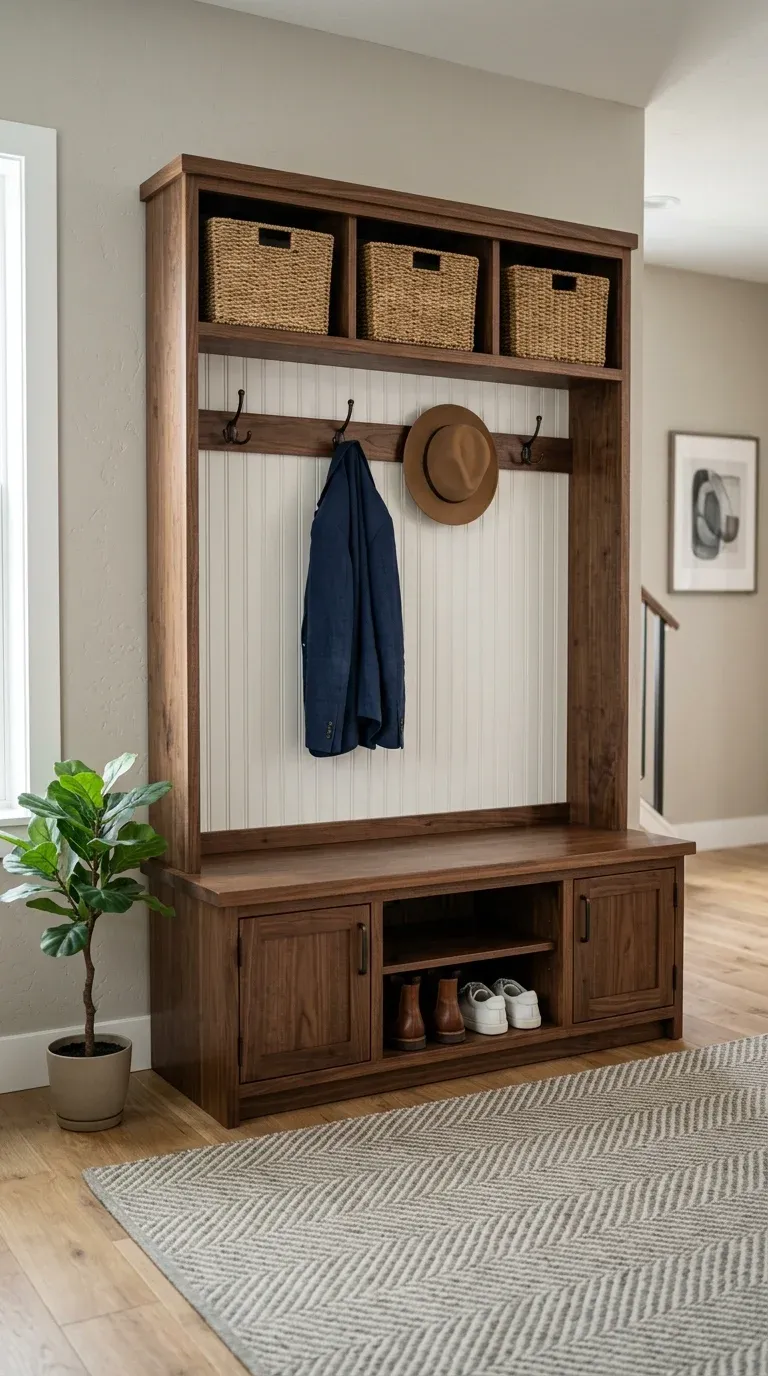A premium hardwood hall tree featuring soft-close hinges, beadboard backing, and integrated overhead storage baskets