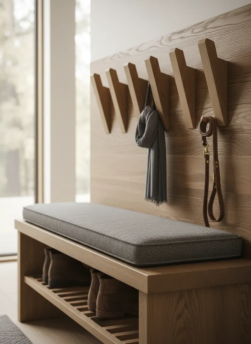 Detail shot of chamfered oak coat hooks integrated into a bespoke mudroom bench setup
