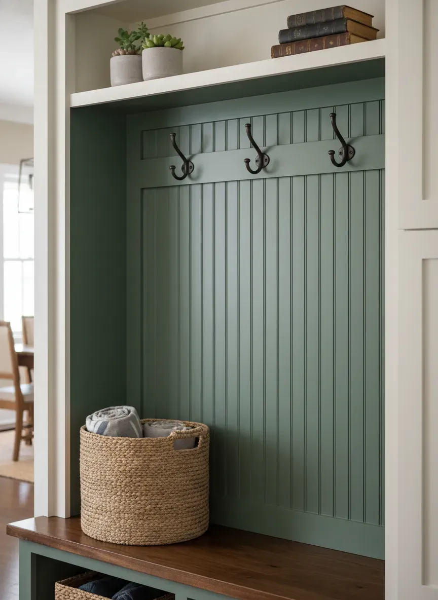 Custom built-in entryway cabinetry featuring beadboard backing and heavy-duty cast iron hooks