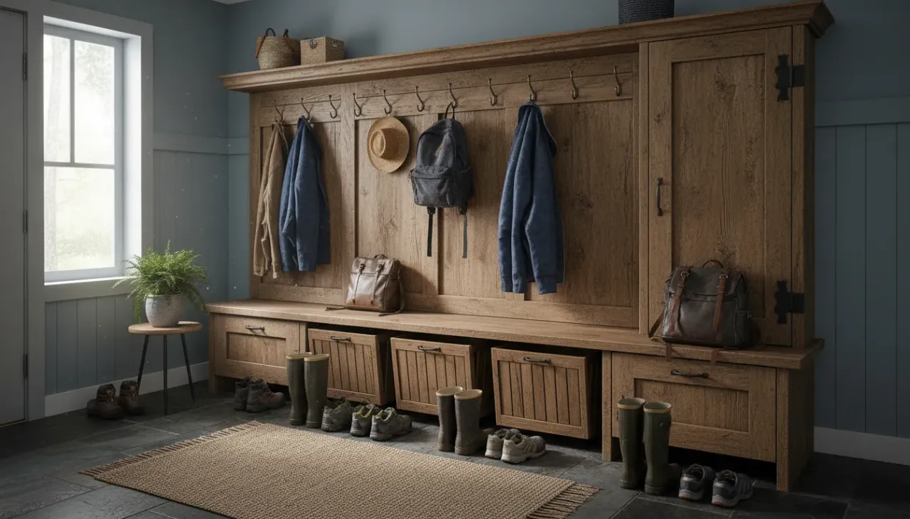 A rustic yet modern heavy-duty entryway bench with shoe cubbies and coat hooks in a well-lit mudroom
