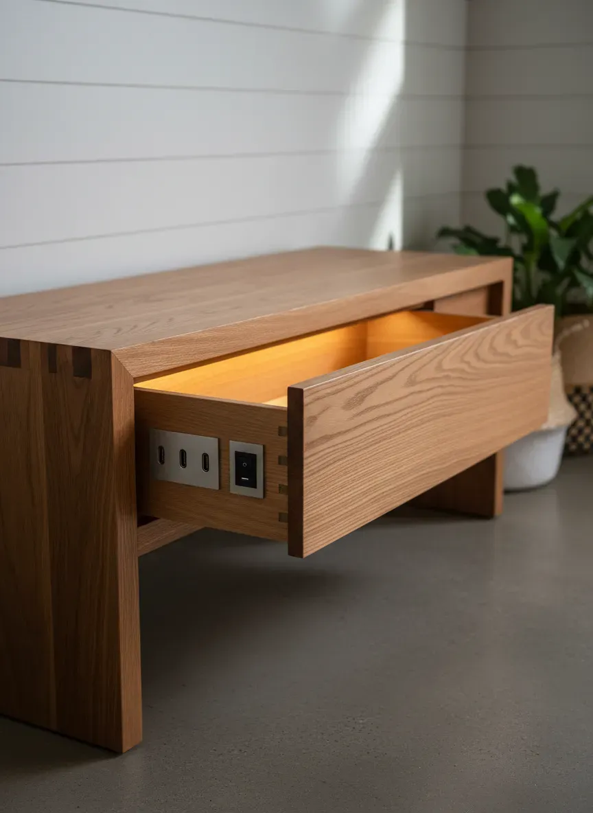 A beautifully crafted oak entryway bench featuring a pull-out drawer with illuminated, integrated USB-C and AC power outlets.